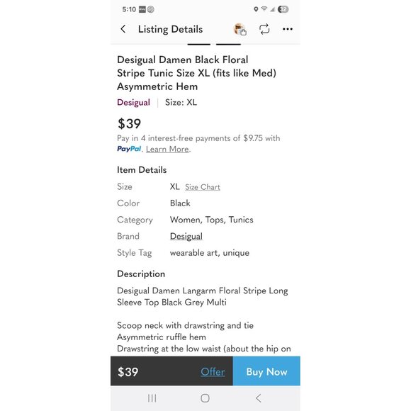 Desigual Damen Black Floral Stripe Tunic Top Sz Medium Asymmetric Hem - Picture 16 of 16